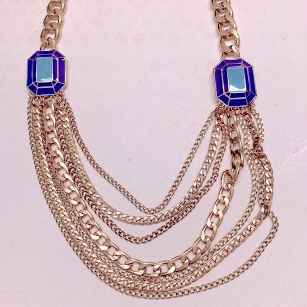 Gold Tone Multi Chain Layered  Blue Purple Enameled Statement Necklace